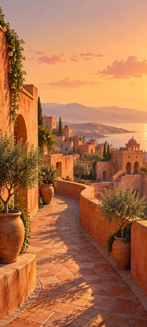 A warm terracotta rooftop lane with potted olive trees and long evening shadows.
