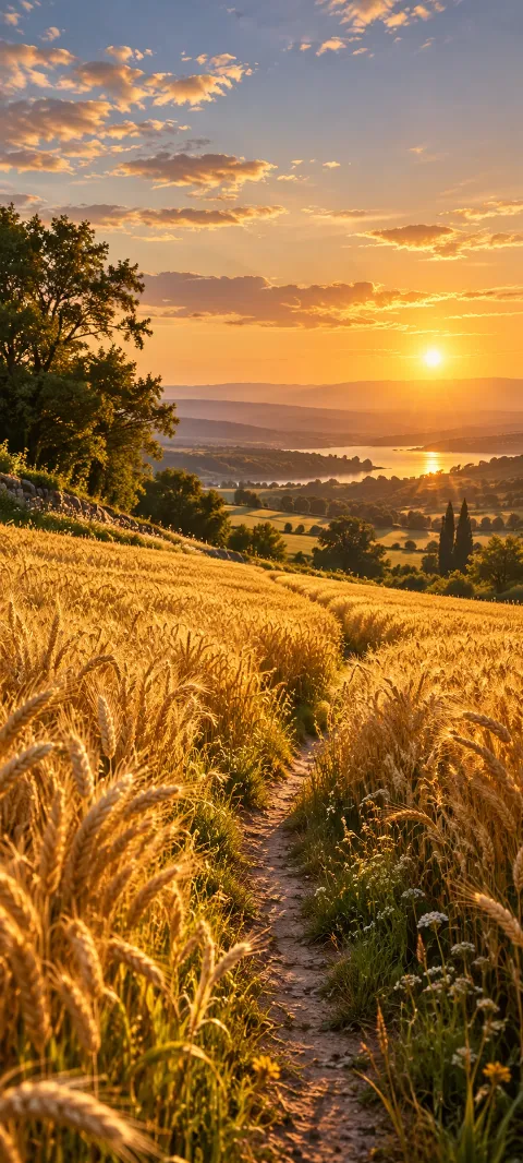 Golden wheat ripples toward a lone hedgerow beneath summer clouds.