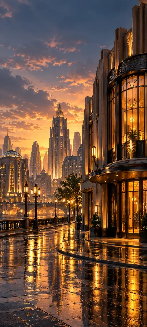 An imagined art deco corner reflects amber light.