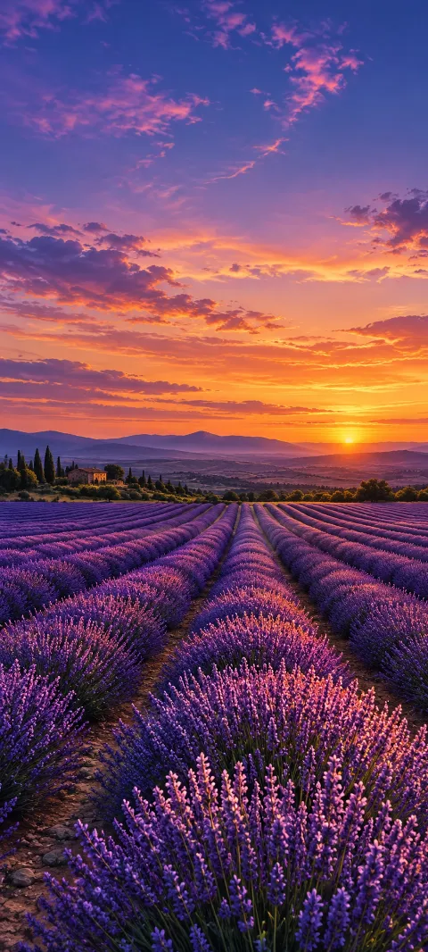Lavender rows and a farmhouse beneath a vivid violet sunset.
