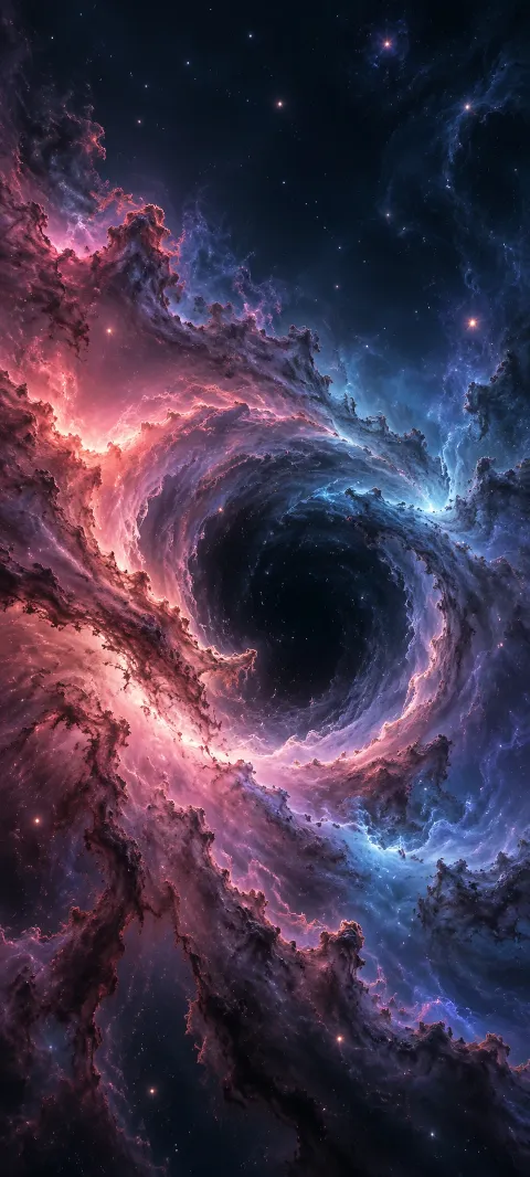 Rose and blue dust spiral around a dark opening.