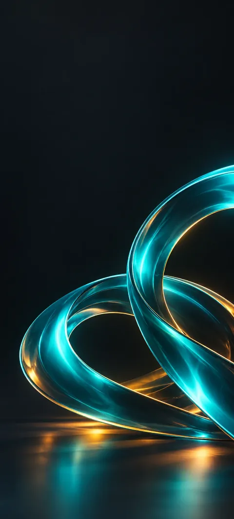 Intersecting teal translucent loops with amber edge reflections on a dark surface.