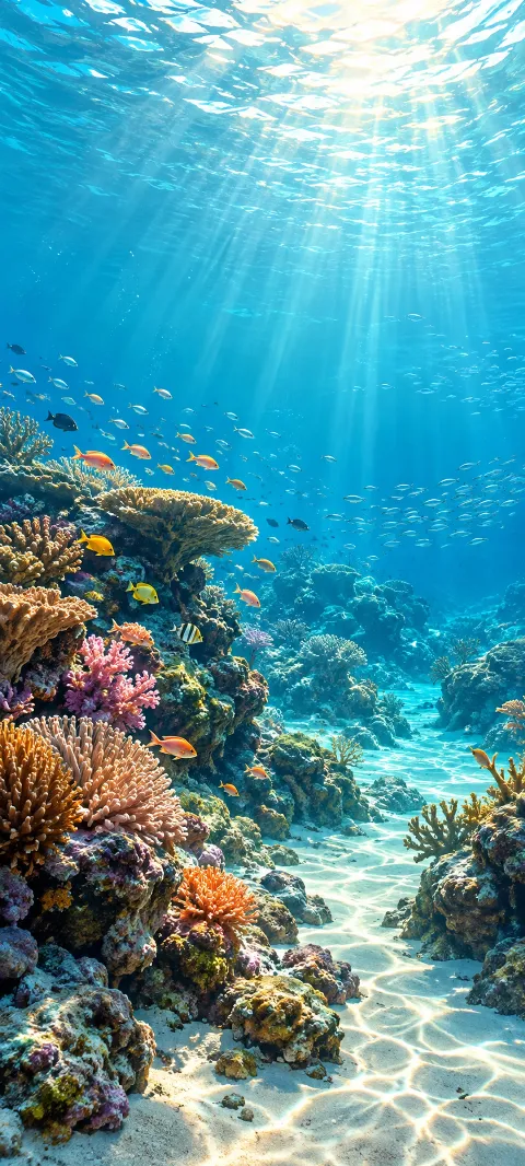 Sunlight reaches a coral lagoon with small fish.