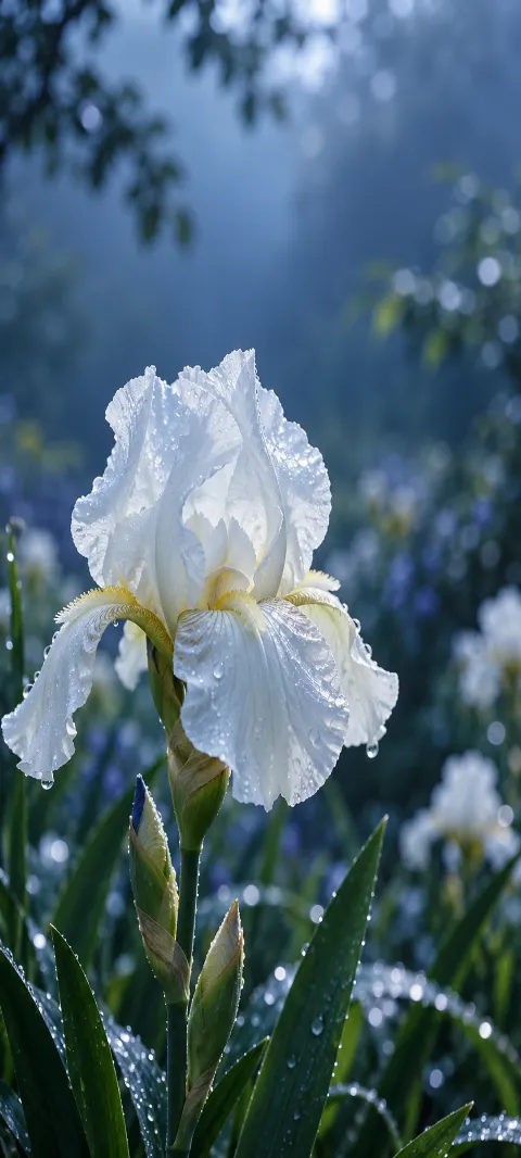 A white iris opens against soft blue garden shadow.