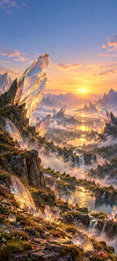 A valley of transparent wing-shaped stones catches sunrise.
