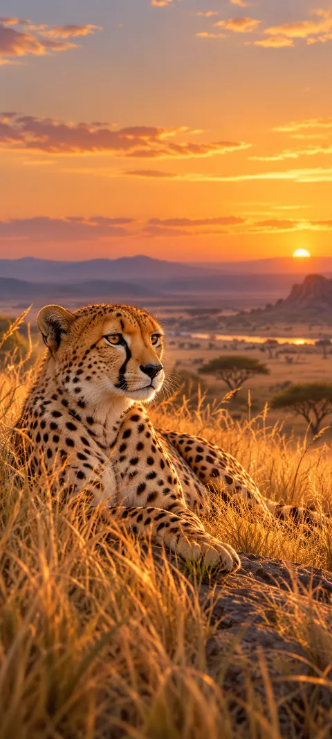 A cheetah rests among tall golden grasses.