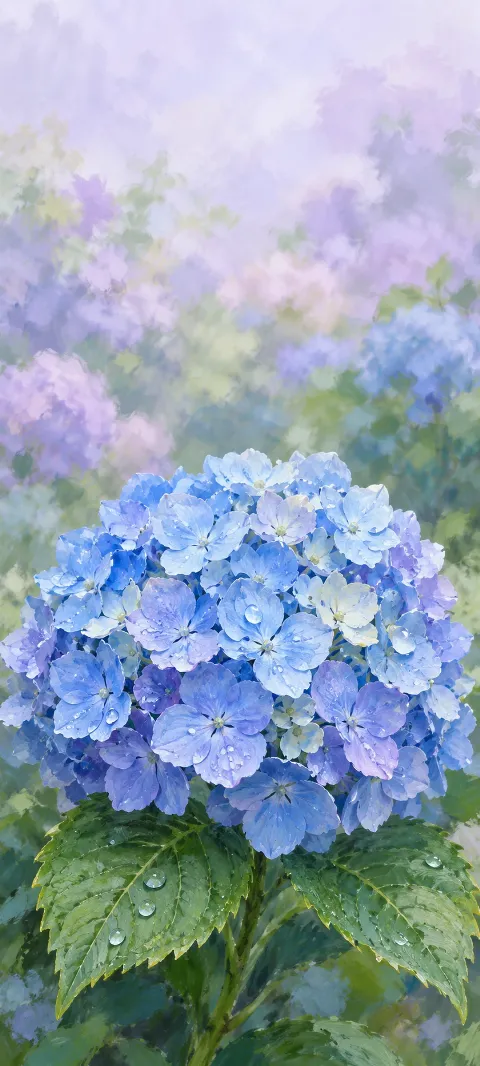 A blue and periwinkle hydrangea flower cluster with raindrops and green leaves in lavender haze.