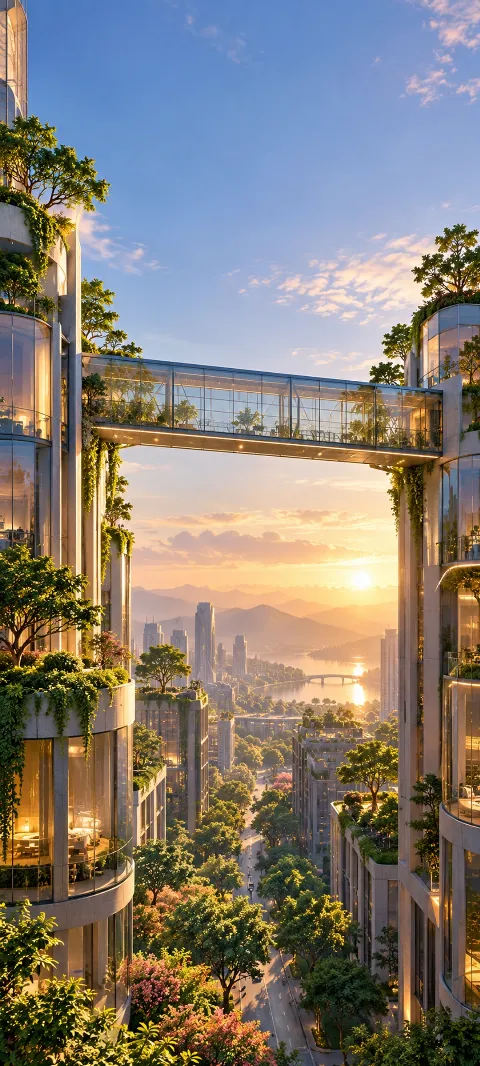 A glass skywalk bridges green towers above a city at sunset.