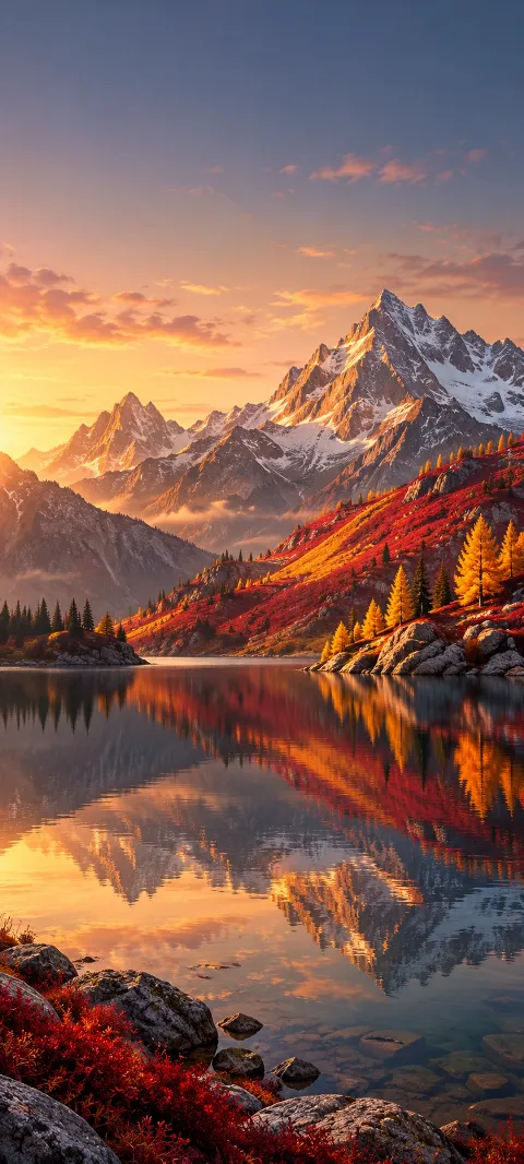 Red and gold mountain slopes reflect in an alpine lake at sunset.