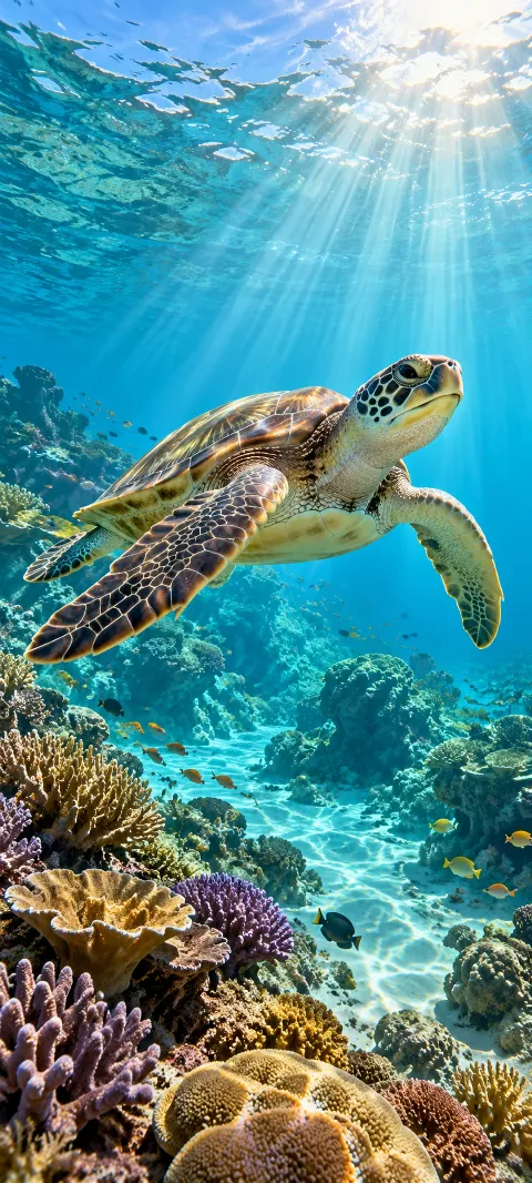 A sea turtle swims above a blue reef slope.