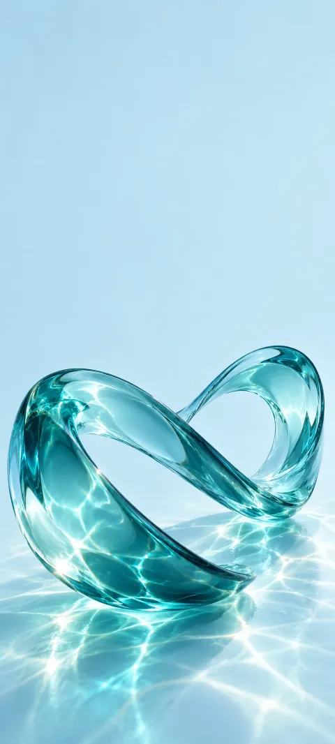 Translucent teal glass strip twisted into two open loops with bright caustics on a pale blue surface.
