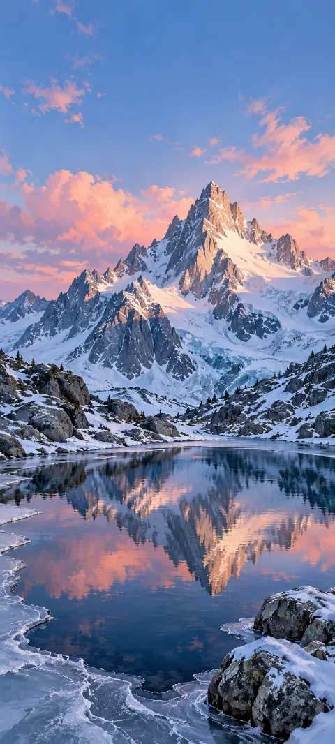Snowy mountain crag reflected in a blue tarn with icy edges and granite boulders.