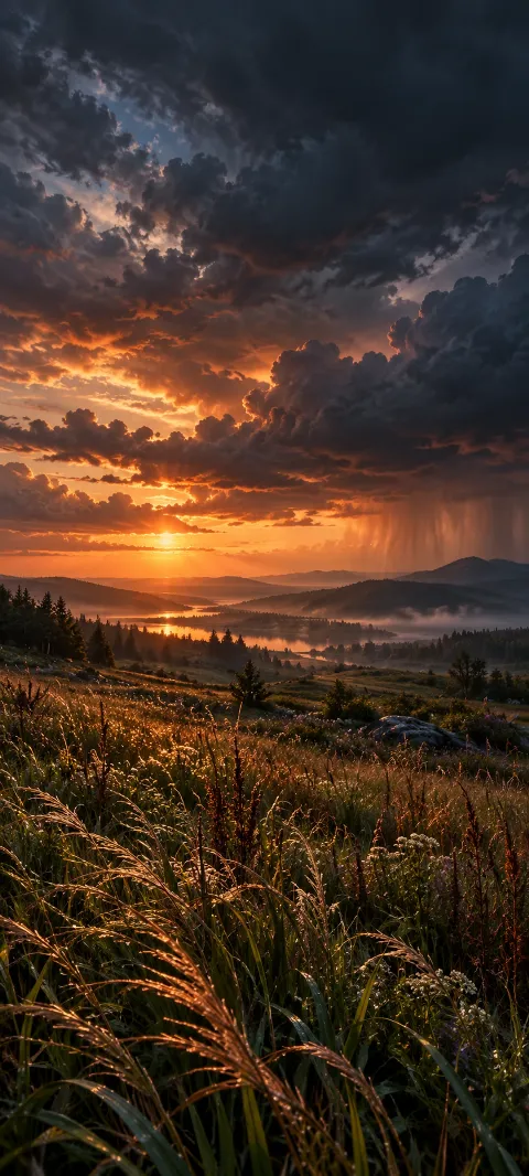 Rain-darkened meadow grasses catch copper light under storm clouds.