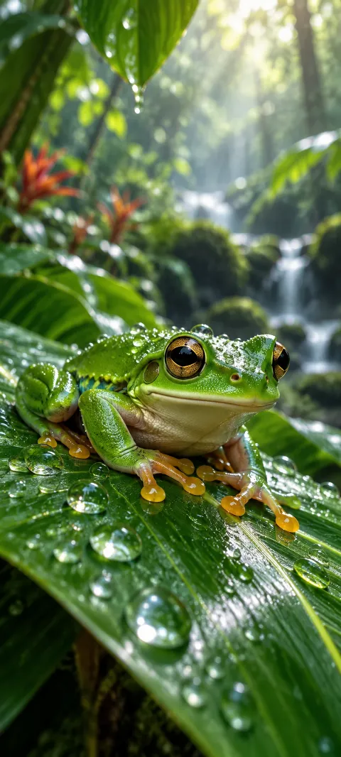 A green tree frog sits on a rain-bright leaf.