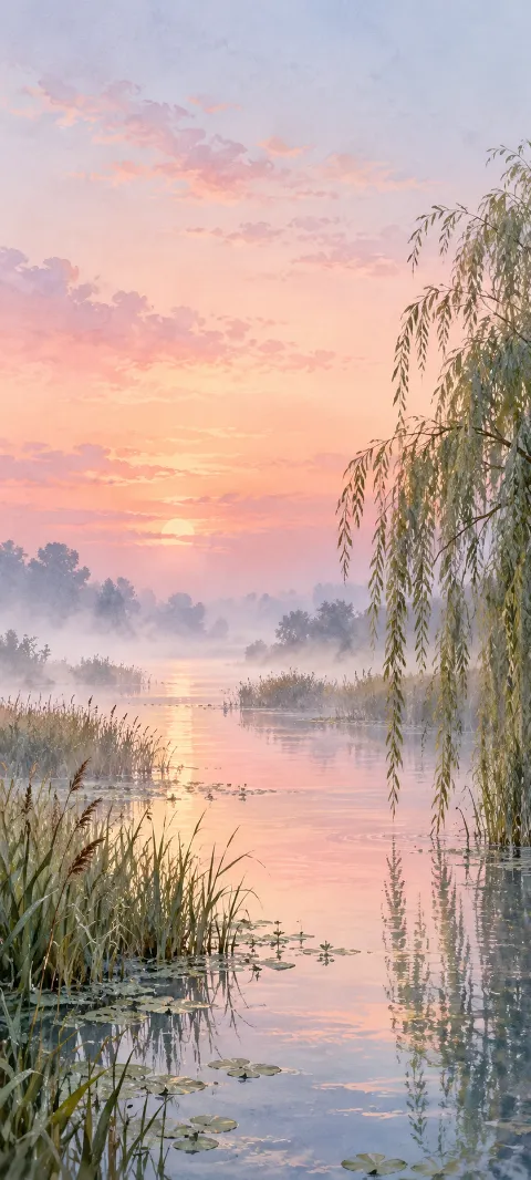 A rose dawn reflects in a misty marsh between reeds and hanging willow branches.