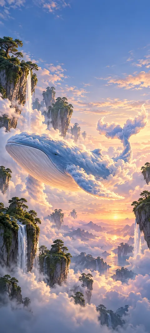 A gentle cloud whale moves between floating cliffs.