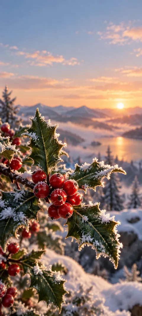 A holly sprig carries red berries and frost.