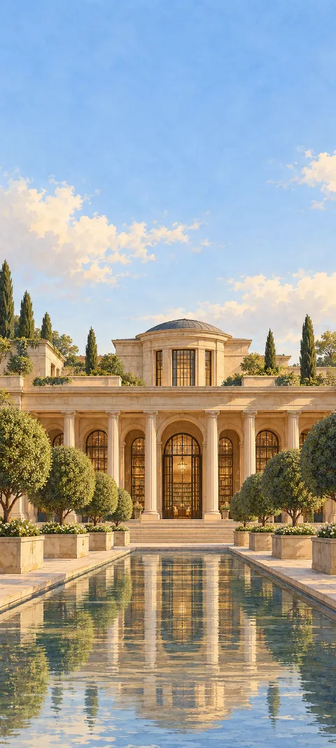 Elegant sandstone library with trees and a rectangular reflecting pool.