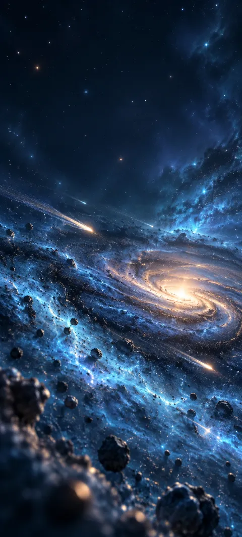 Tiny comets cross a calm field of blue dust.