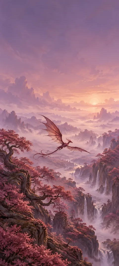 A winged fantasy creature gliding over rose-colored trees and misty ravines.