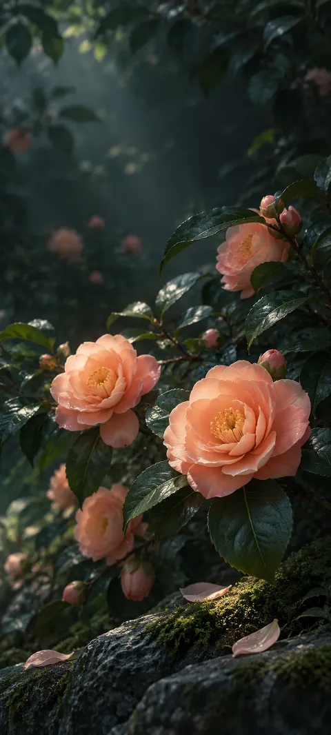 Peach camellia blossoms sit in deep leafy shade.