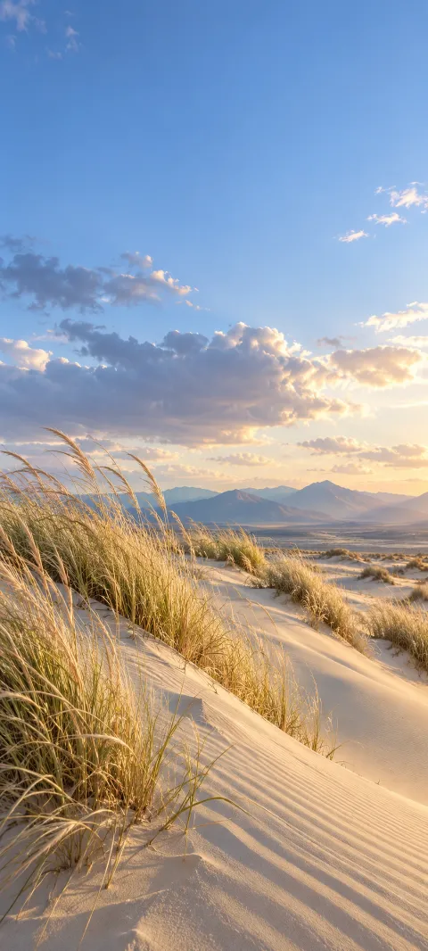 Pale dune grass bends across a quiet sand ridge beneath a blue sky.