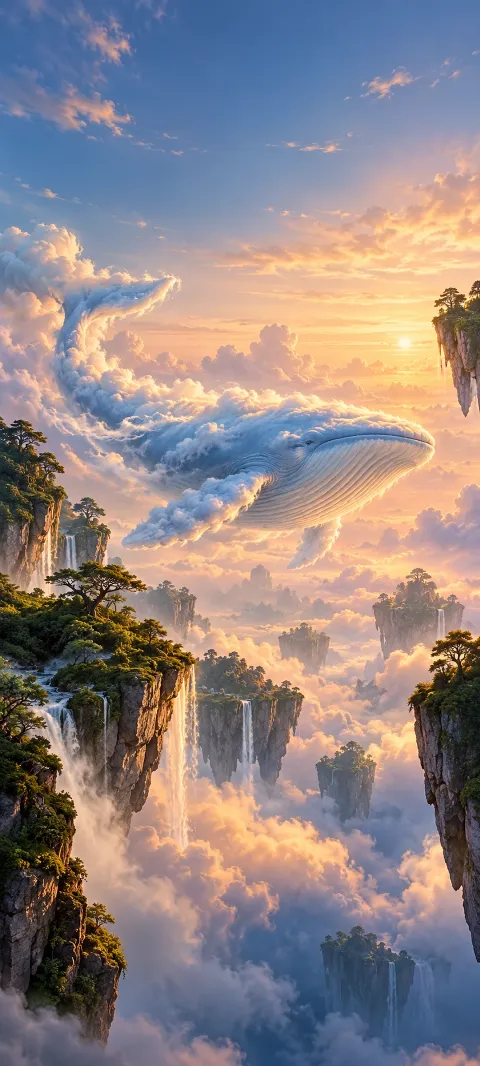 A gentle cloud whale moves between floating cliffs.