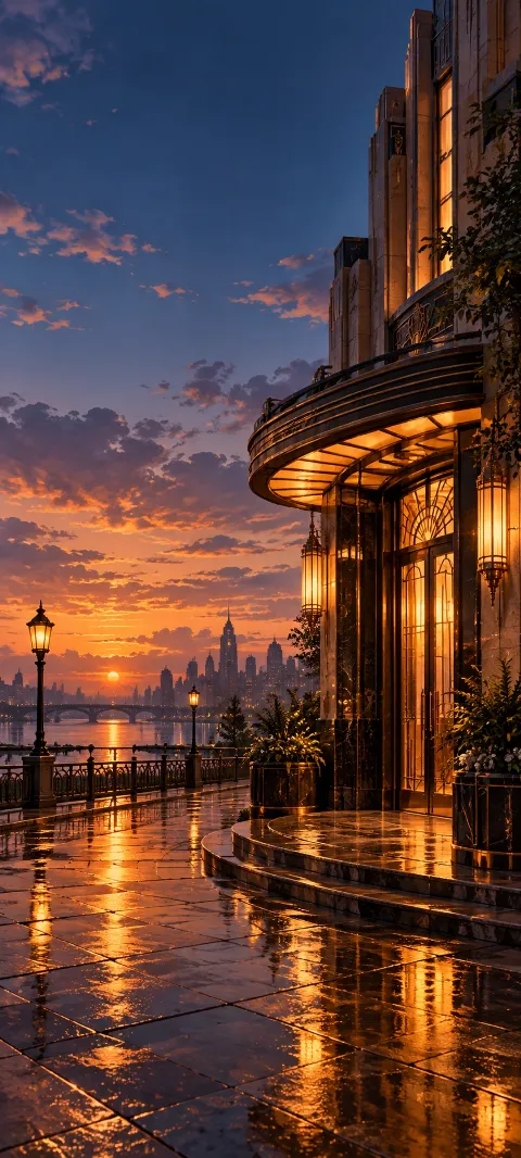 An imagined art deco corner reflects amber light.