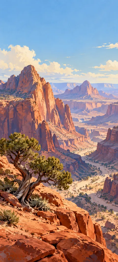 Twisted juniper on a red ledge overlooking sandstone peaks, dry canyon washes and distant mesas.