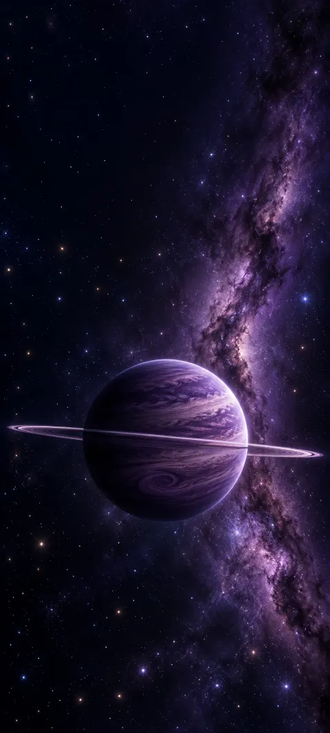 Purple ringed planet with swirling cloud bands against a violet dust lane and star field.