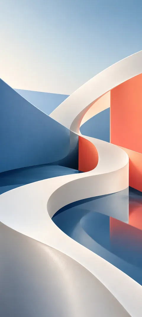 Pearl curves interlock with blue and coral abstract planes.
