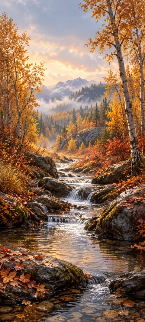 Rocky stream between amber birches and russet foliage.
