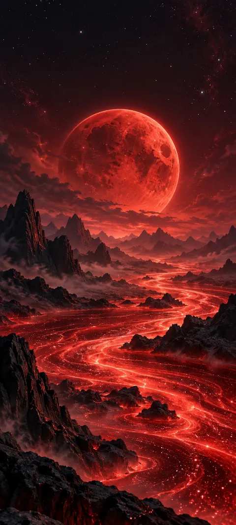 Crimson moon above dark rocky ridges and a glowing red river.
