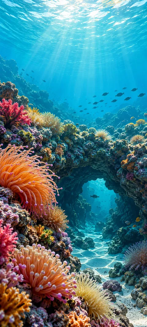Colorful anemones sway beside a rocky underwater hollow.