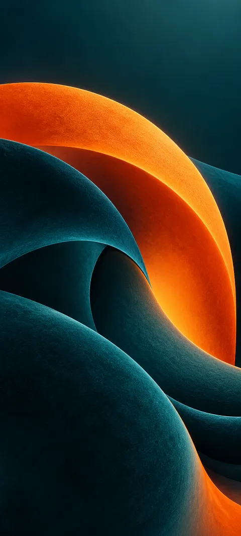 A tangerine arc meets deep teal velvet-like shapes.
