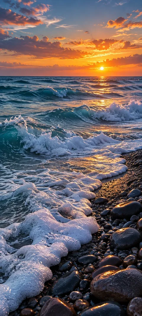 Seafoam curls along a dark pebble shoreline.