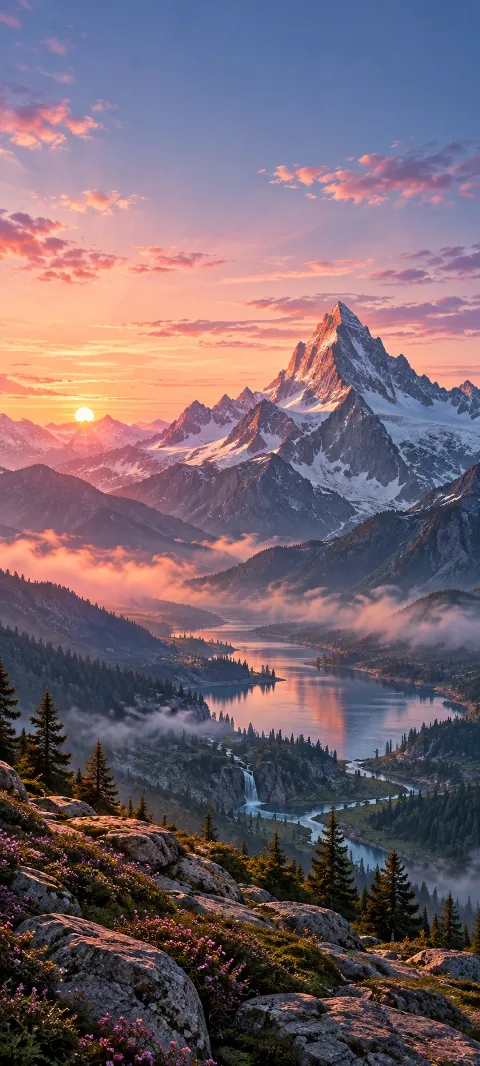 Rose light touches a sharp peak above a quiet valley.